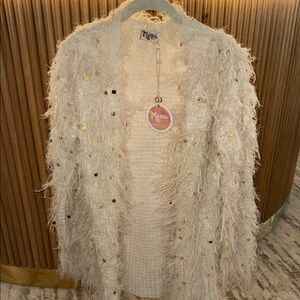 Show Me Your MuMu Shaggy Cream and Gold Sequin Cardigan NWT